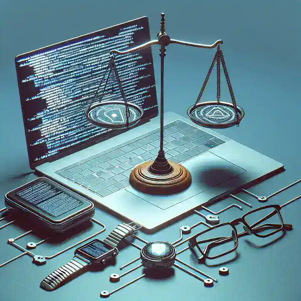 "Illustration of a hacker analyzing data from wearable devices, representing ethical considerations in cybersecurity for personal health technologies."