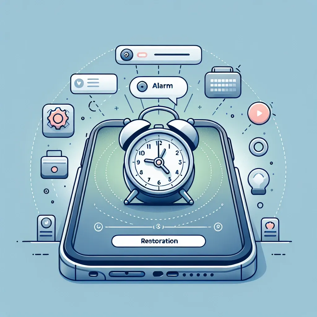"Screen showing the digital alarm clock app interface with options to restore deleted alarms, illustrating steps in the article on how to recover lost alarms efficiently."