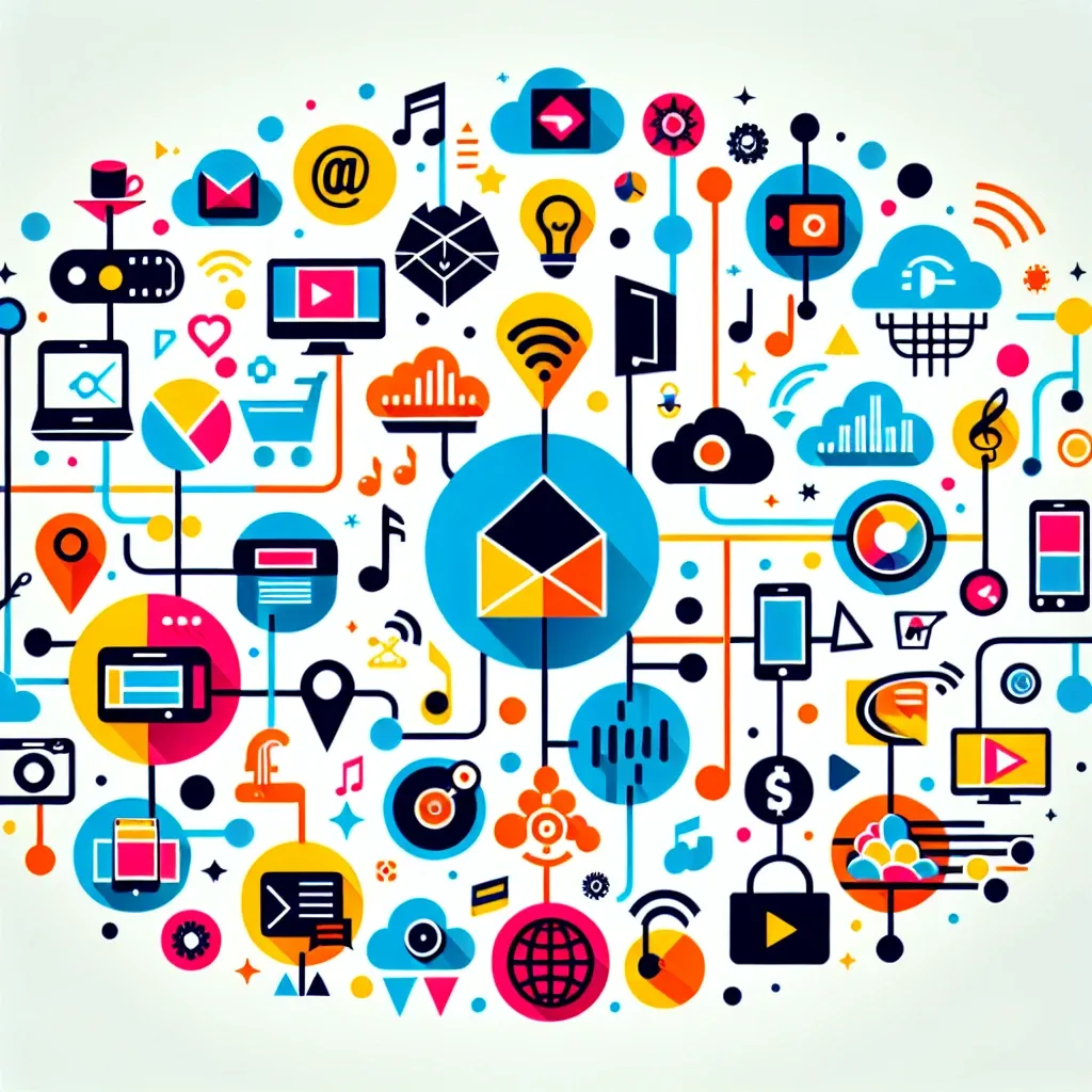 "Illustration of various internet services, including broadband, fiber optic, and satellite connections, symbolizing the comprehensive range of internet options available in modern technology."