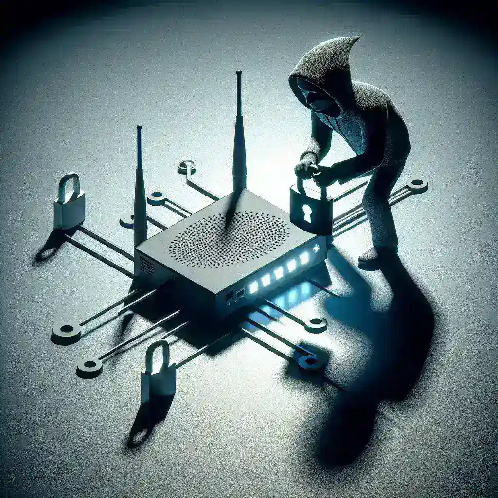 "Graphic illustrating the risks of default credentials in network devices, featuring a hacker silhouette breaching a router, with a warning sign and text highlighting 'Default Credentials Vulnerability'."